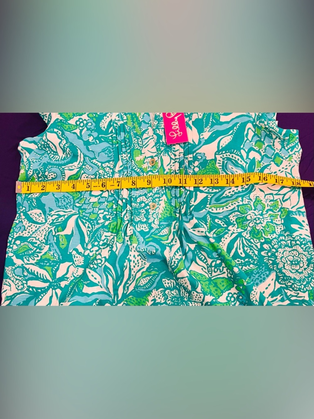 Lilly Pulitzer Teal Tropical Print Pleated Blouse Ruffle Sleeve lightweight Chic - Picture 7 of 8